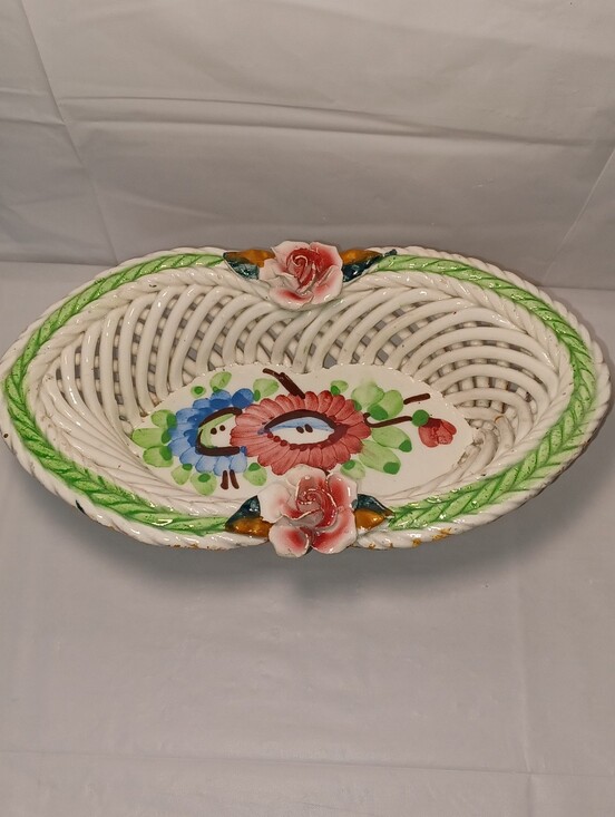 Other - Vintage Porcelain Ceramic Lattice Weave Bowl Dish From Spain Beautiful Florals